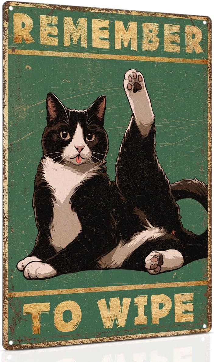 ALKB Bathroom Tuxedo Cat Sign - Remember to Wipe - Cat Lover Gift 8x12 Inch Vintage Metal Sign for Bathroom Decorations - Image 1